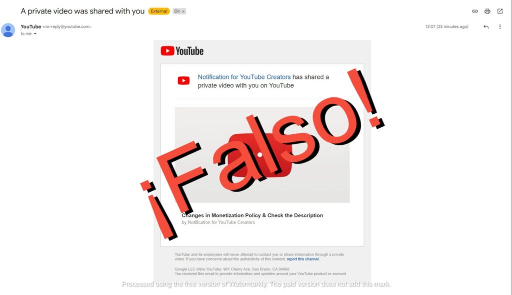 El correo falso que recibieron los usuarios de YouTube. 